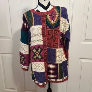 Jennifer Reed Vintage Knitted by Hand Colorful Patchwork Cardigan Sweater